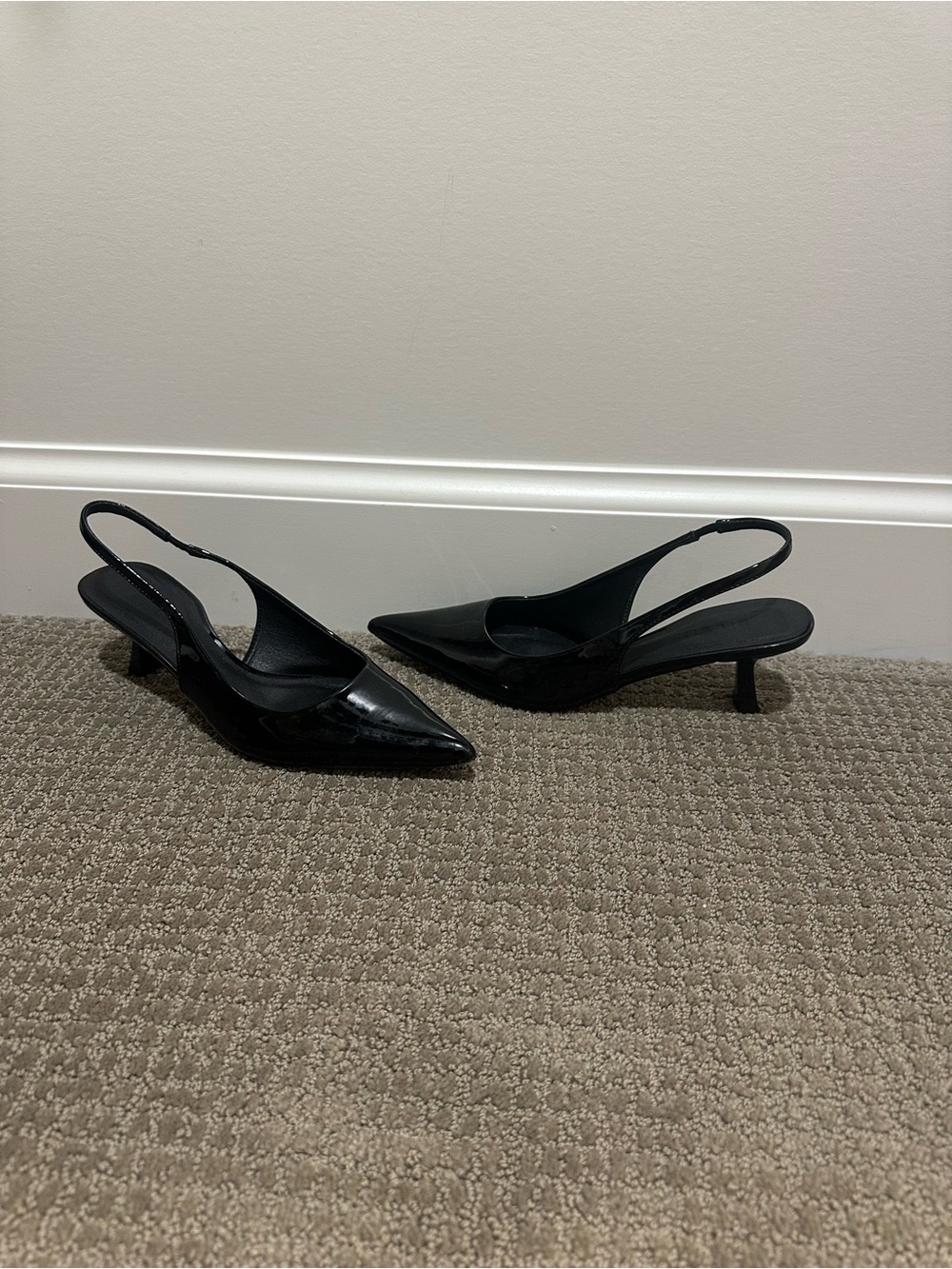 Princess Polly Black Patent Pointed Slingback Kitten Heels
